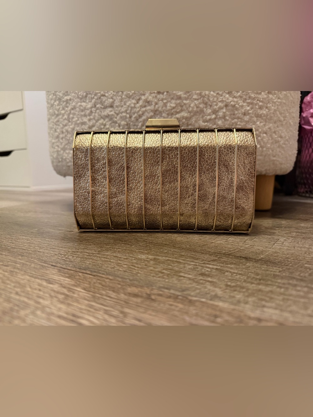 Madison West Gold Metallic Cage Clutch Crossbody Evening Bag